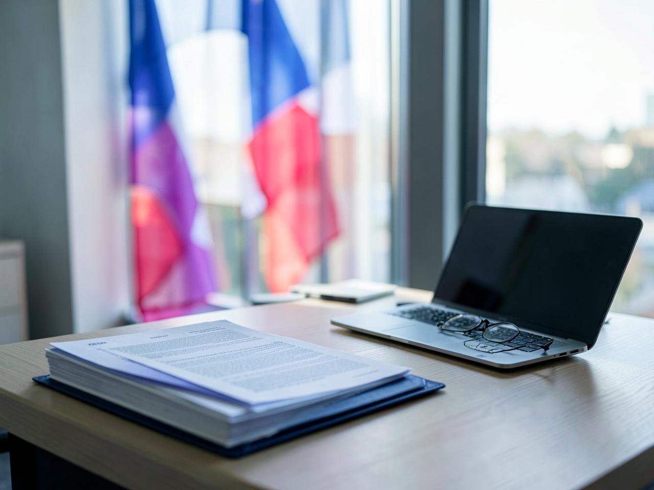 Bureau d'assistance administrative FranceVia avec dossiers officiels et drapeaux français